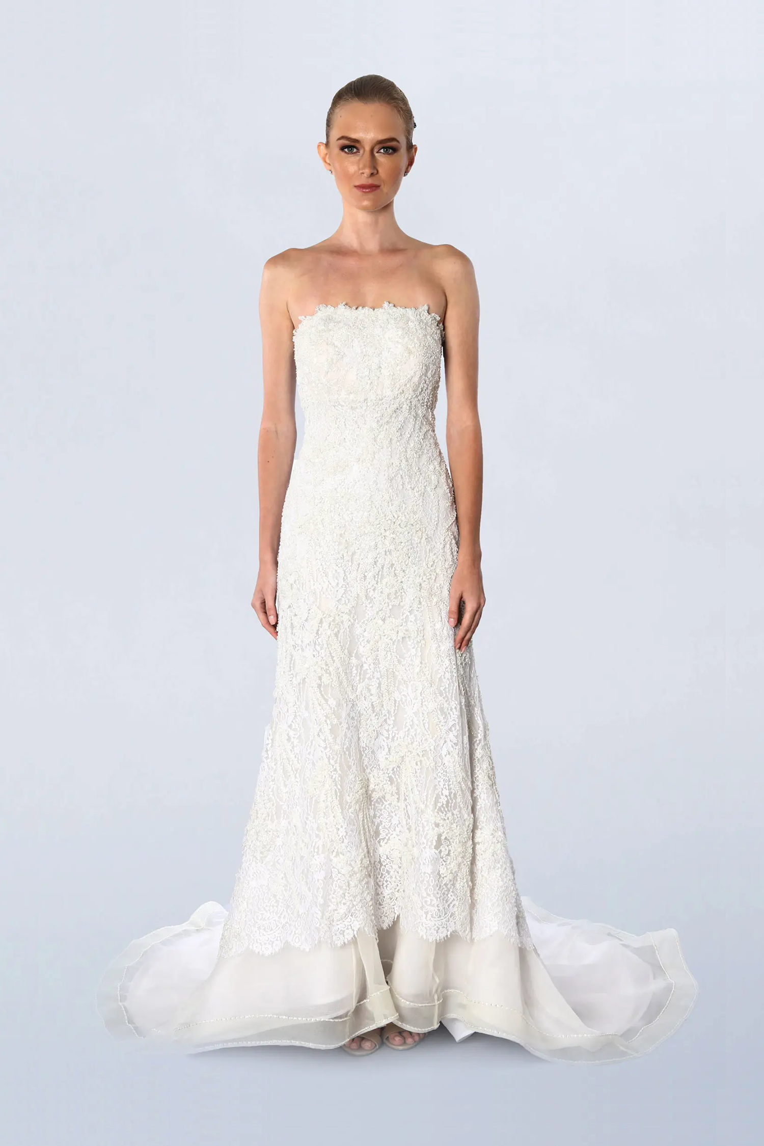 Strapless ivory lace gown