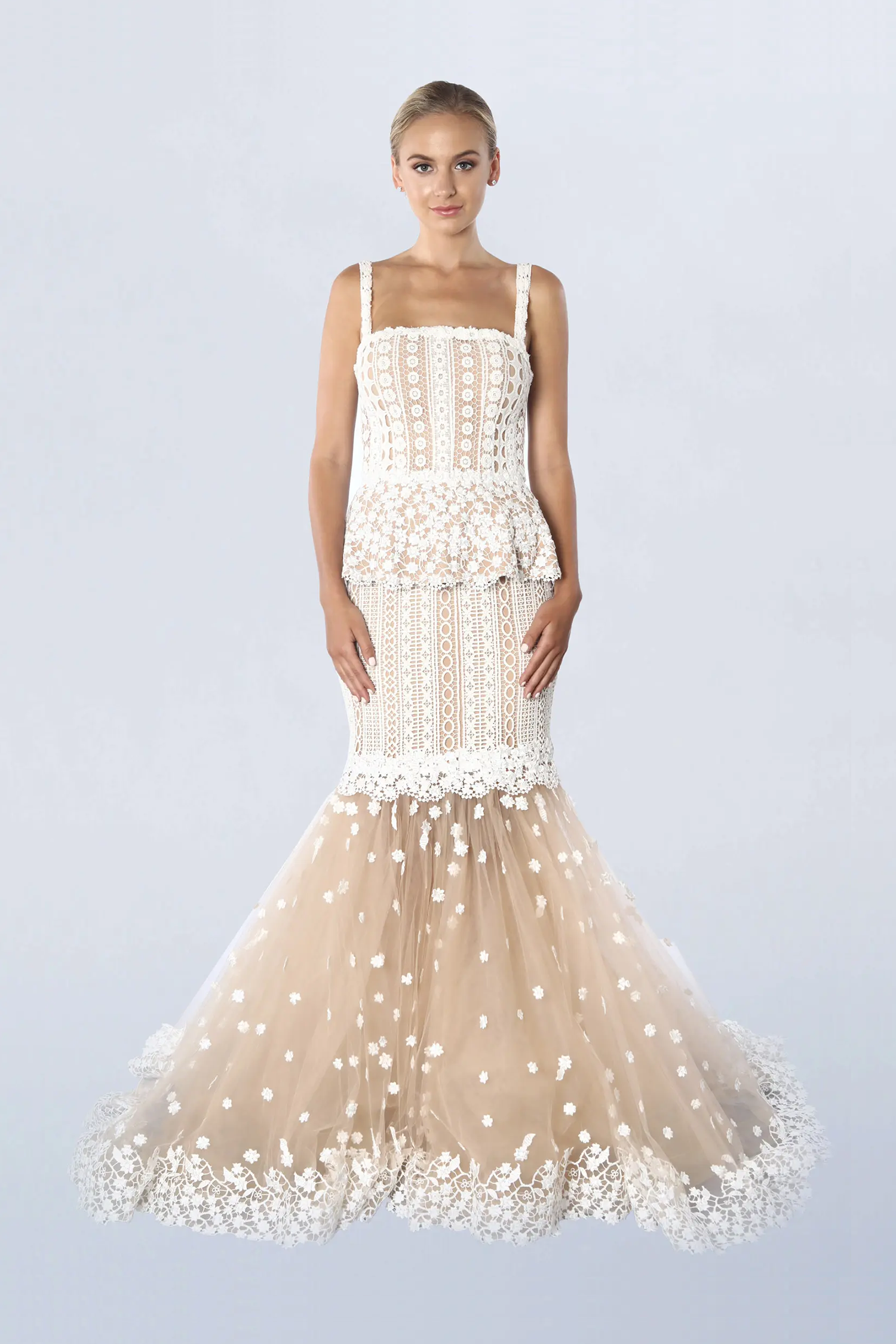 Beige lace with off white lace mermaid gown