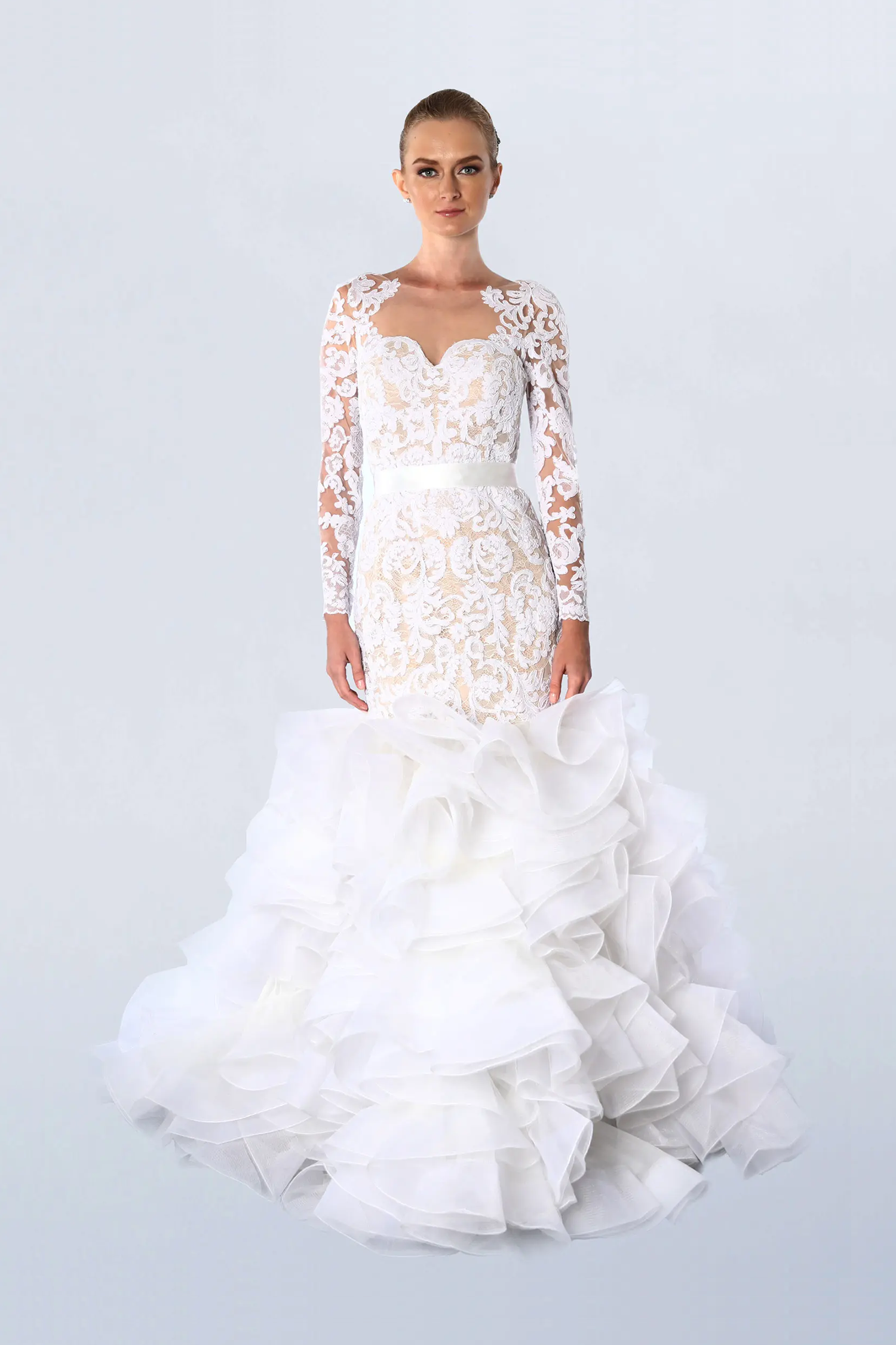 White lace with ruffled skirt mermaid gown