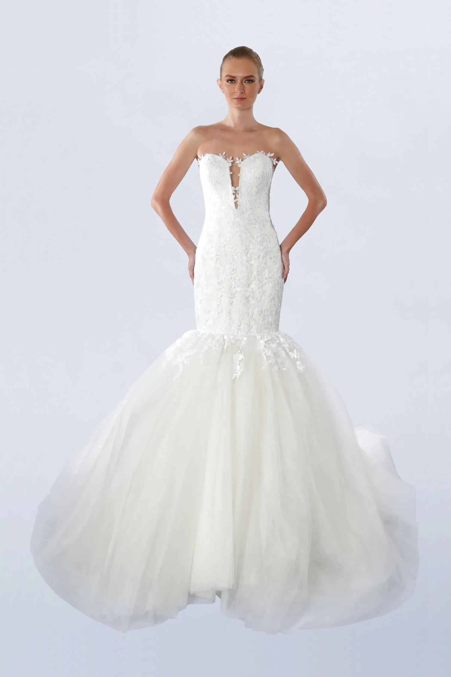 Front view of a woman in a strapless white mermaid gown 3, image 1