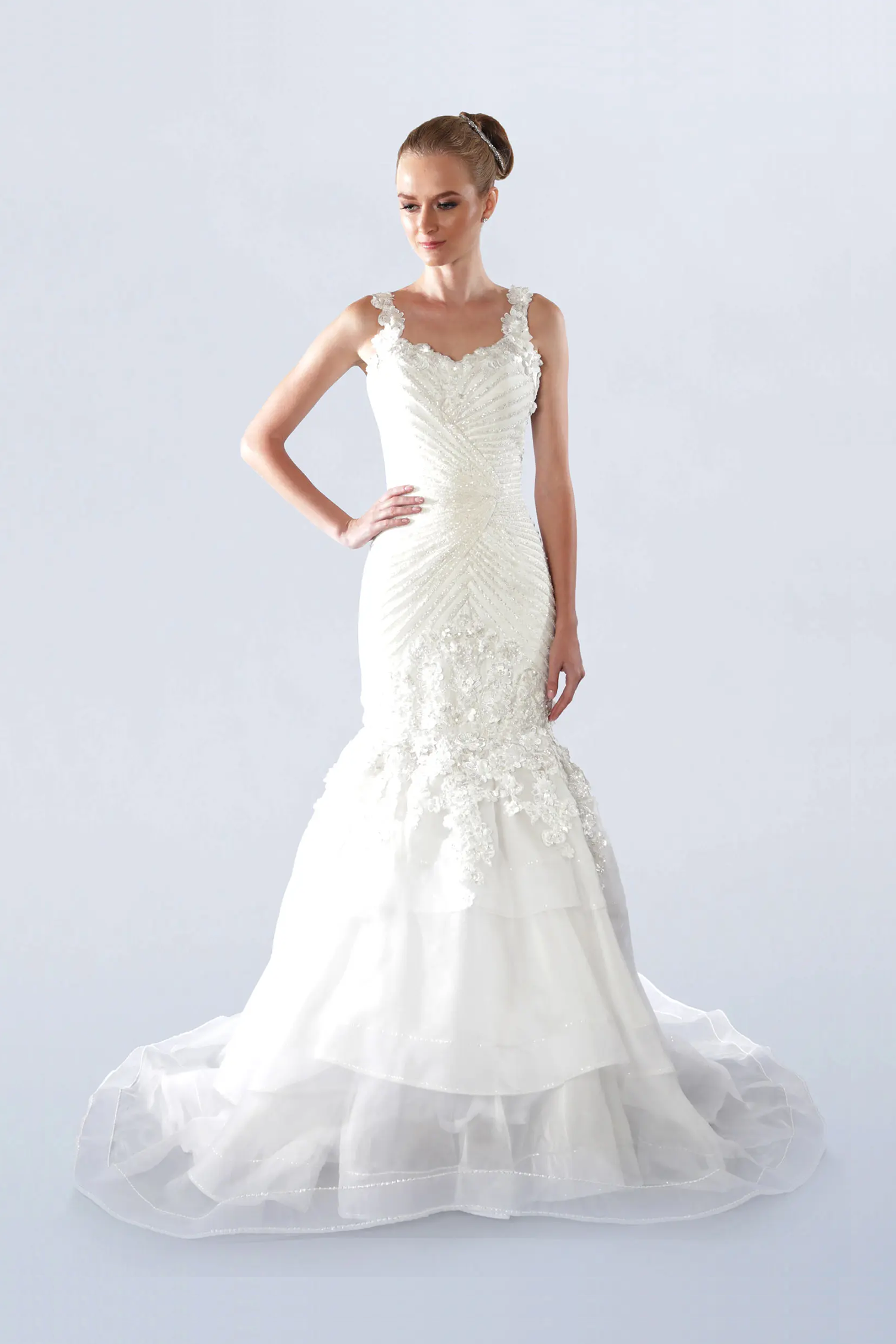 Front view of a woman in a white mermaid gown 4, image 1