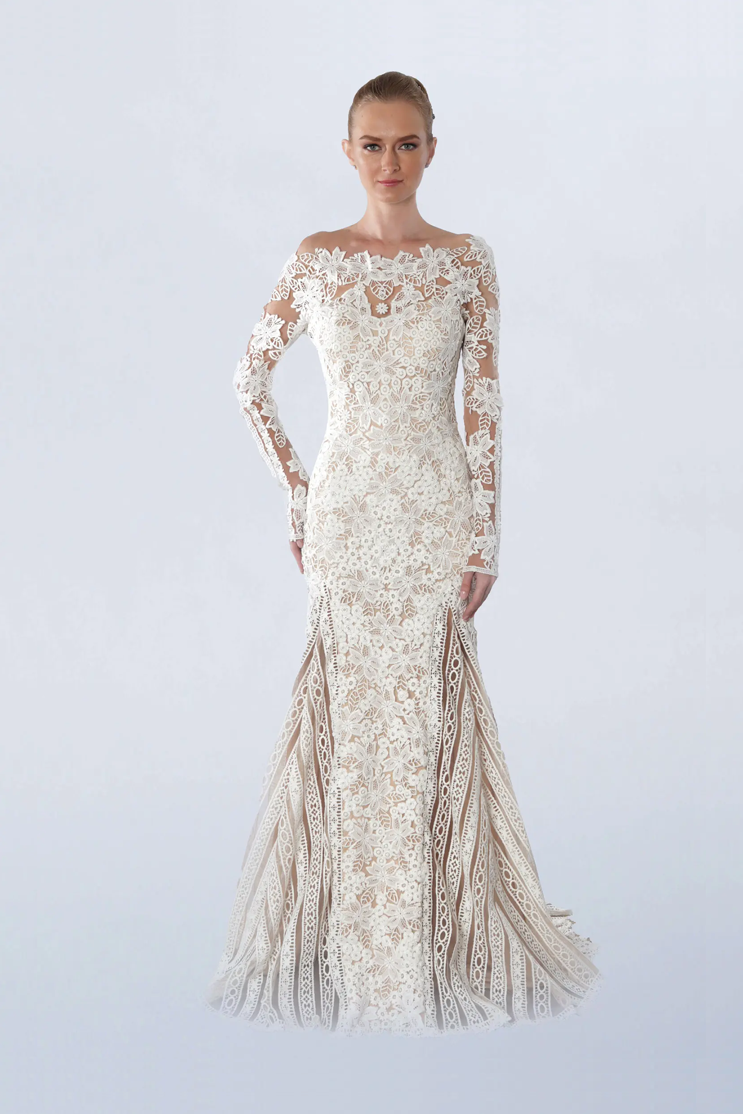 Long sleeve off white lace gown
