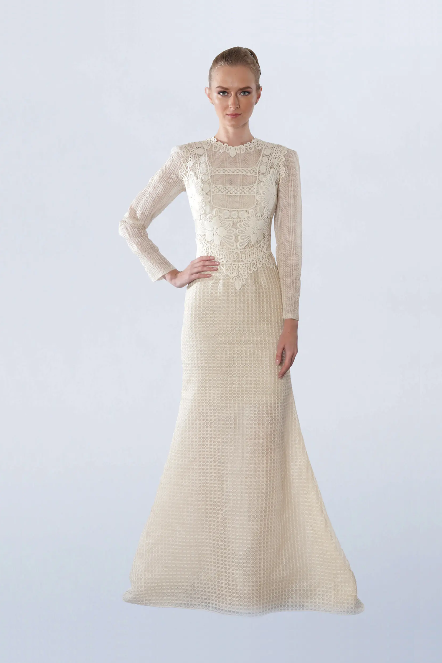 Long sleeve beige lace gown with train