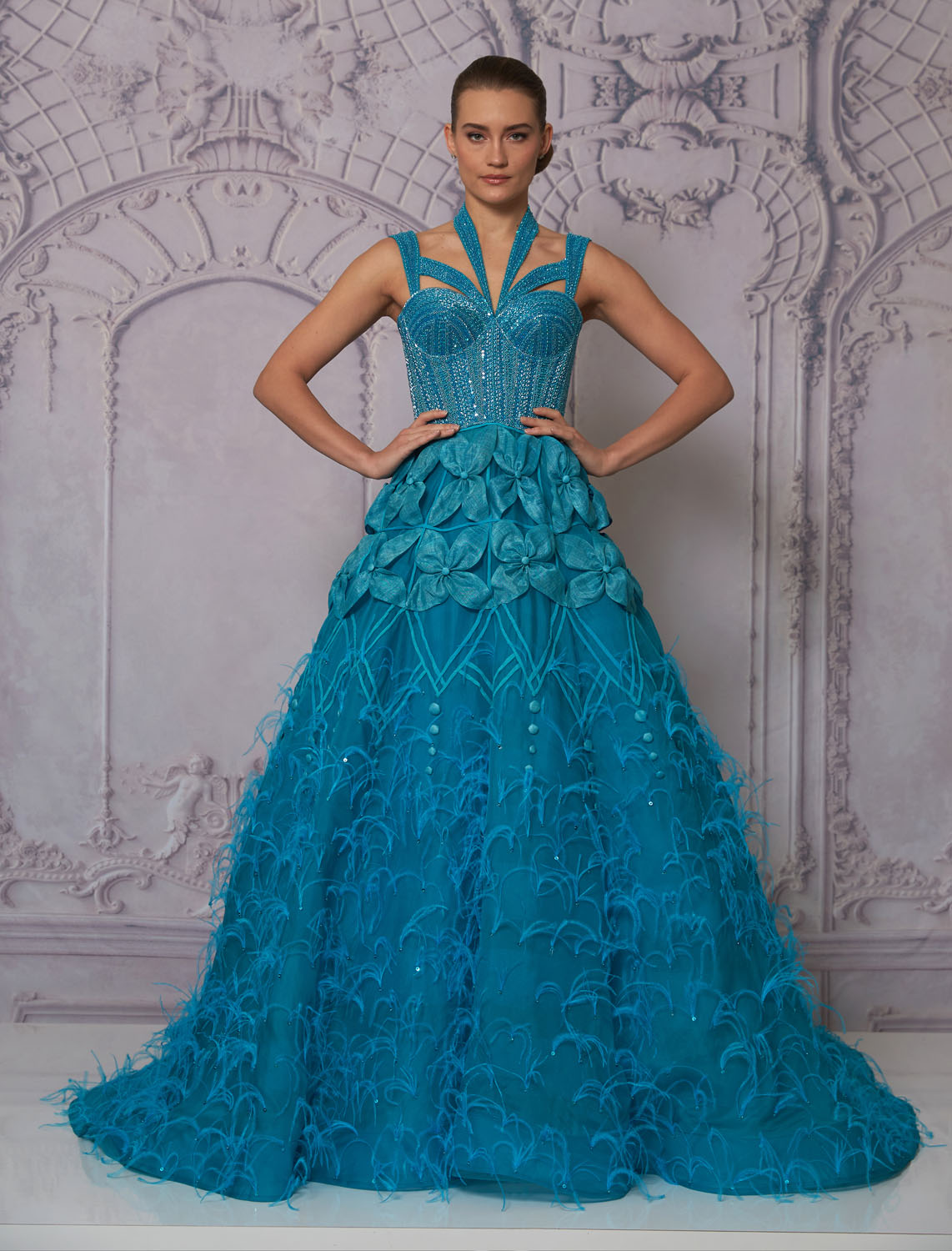 Front view of a woman in a turquoise ball gown 11, image 1