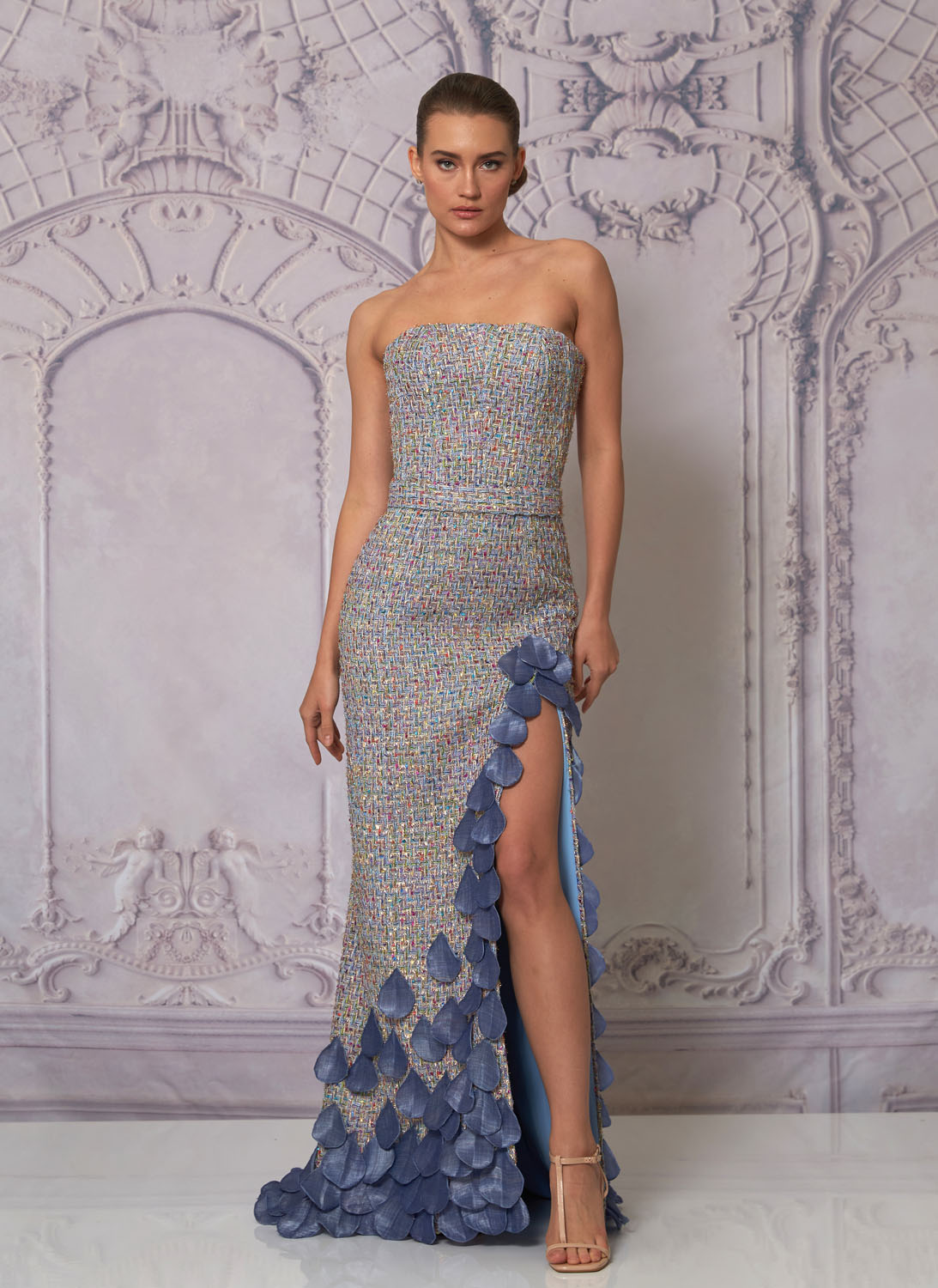 Front view of a woman in a multicolored tweed gown 13, image 1