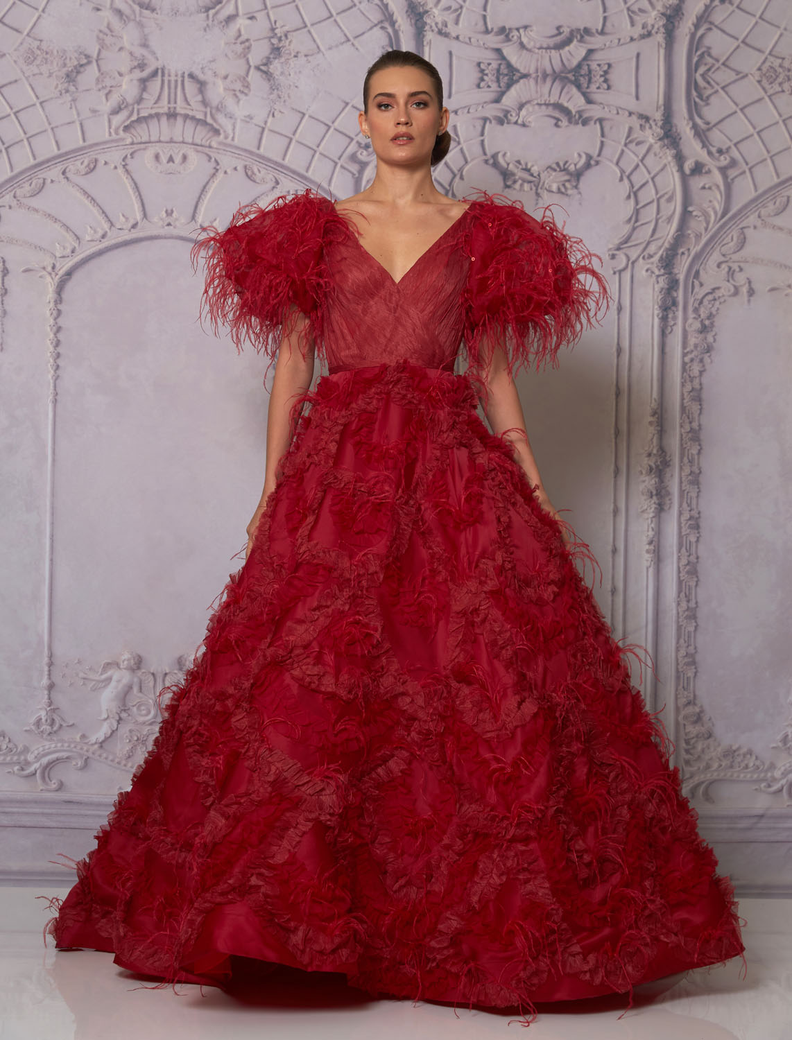 Front view of a woman in a red ball gown 18, image 1