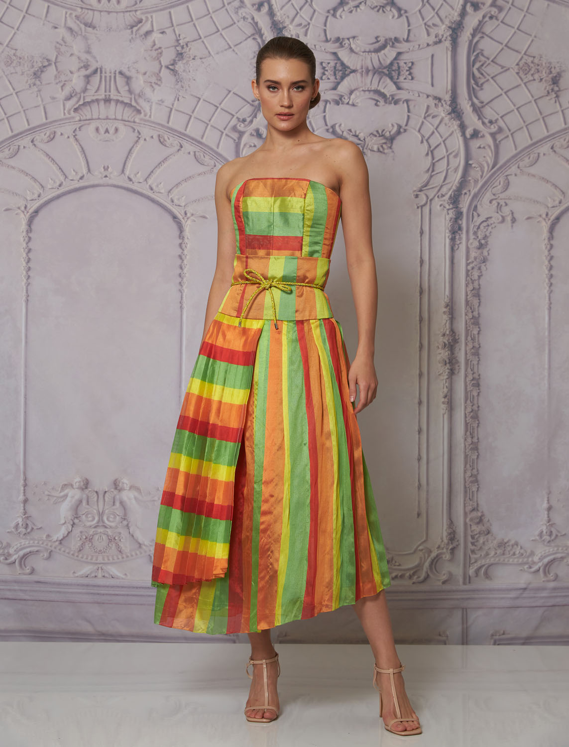 Front view of a woman in a multi-colored stripe dress 6, image 1