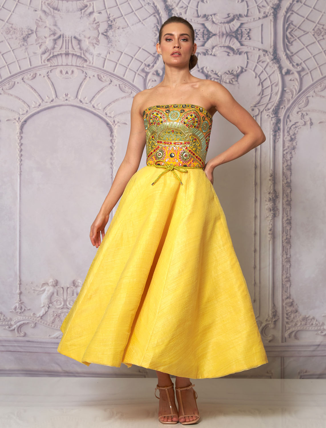 Front view of a woman in a yellow balloon skirt dress 7, image 1