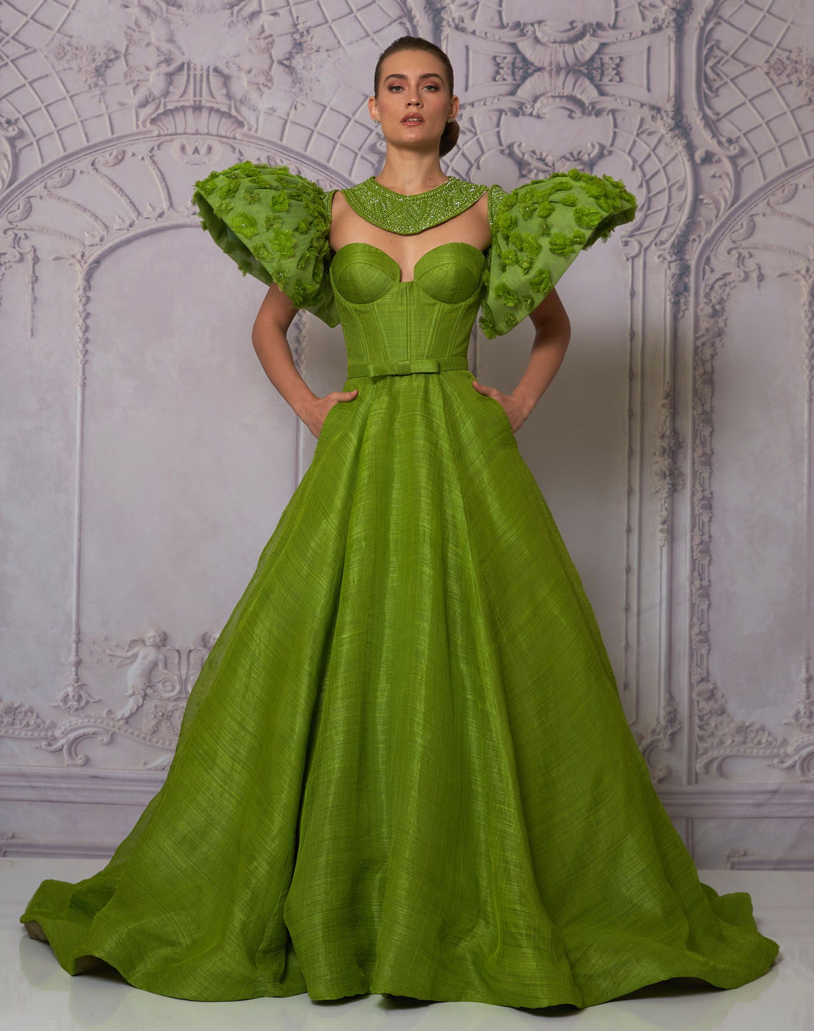 Front view of a woman in a green ball gown with sleeves 9b, image 1