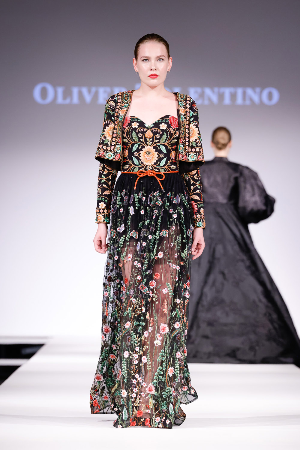 Beaded floral lace gown, and beaded embroidered bolero jacket
