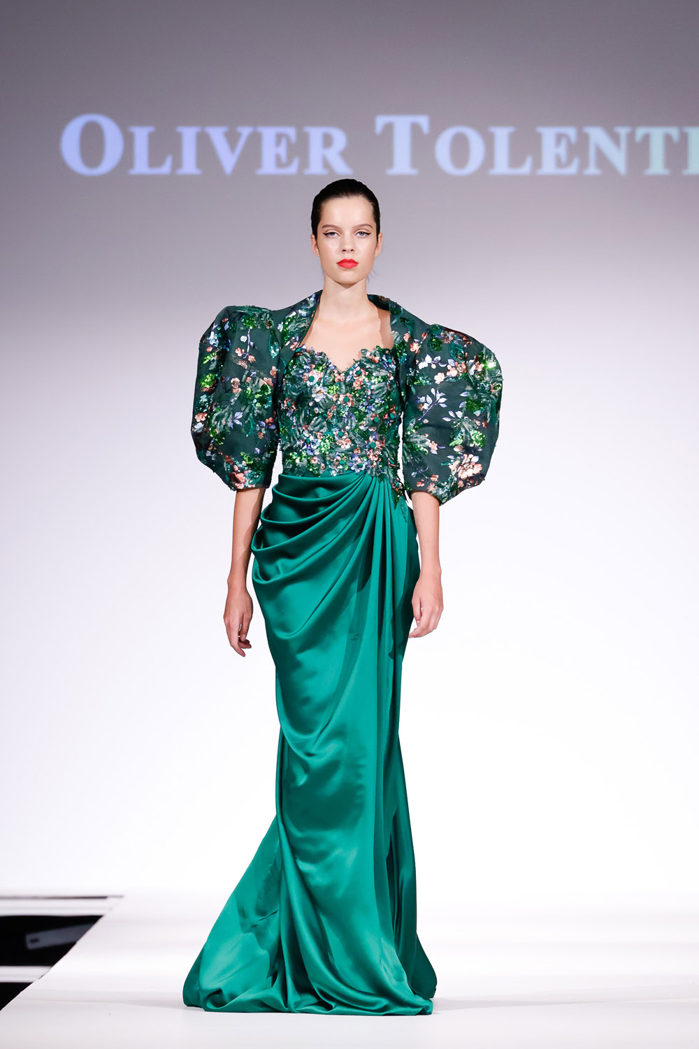 Green draped gown with floral heat pressed top, and floral heat pressed shrug