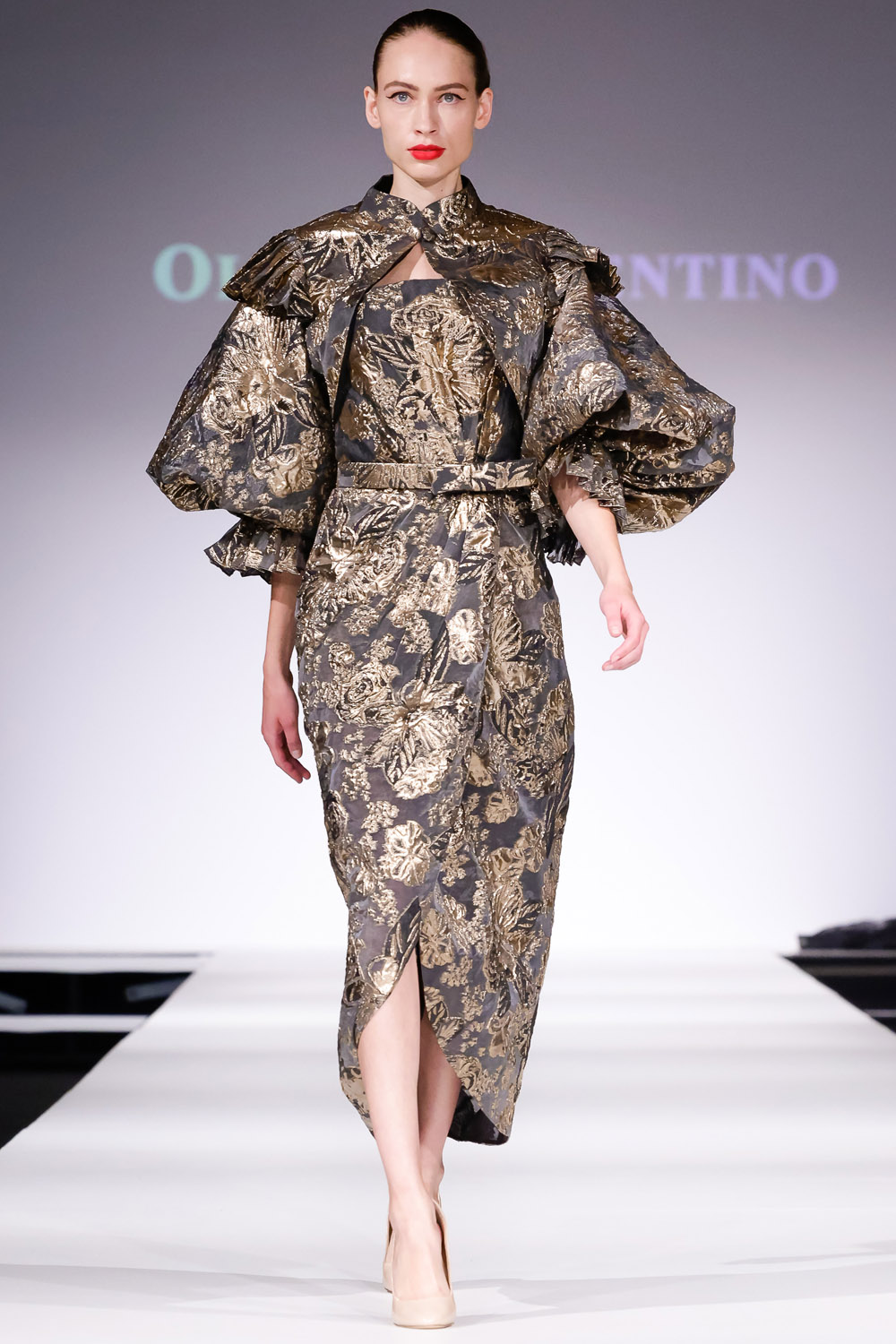 Black and gold brocade tulip skirt dress and jacket
