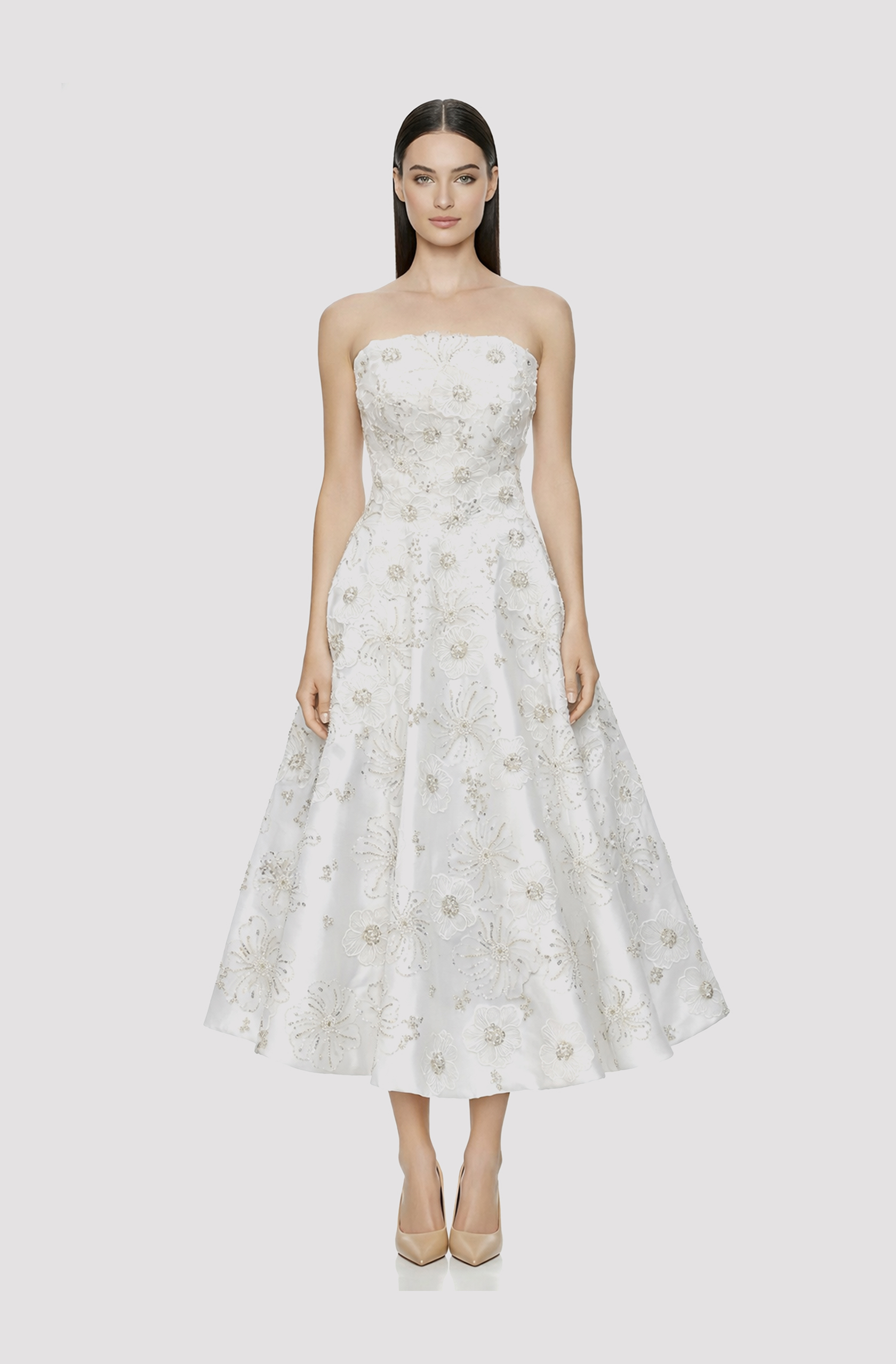 Front view of a woman in a White mikado tube midi–dress with hand-beaded 3D flowers 13, image 1