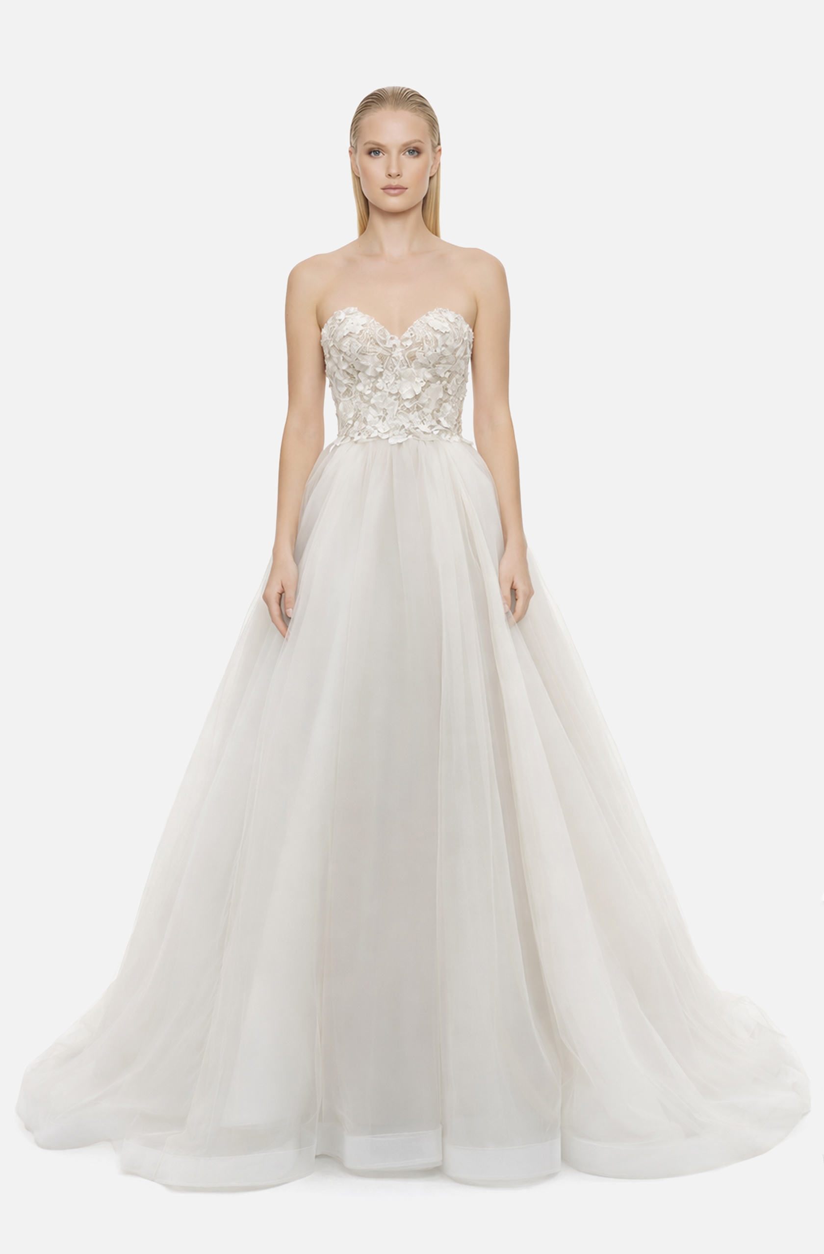 Front view of a woman in an Off-white tulle ball gown with hand-beaded corset 14, image 1
