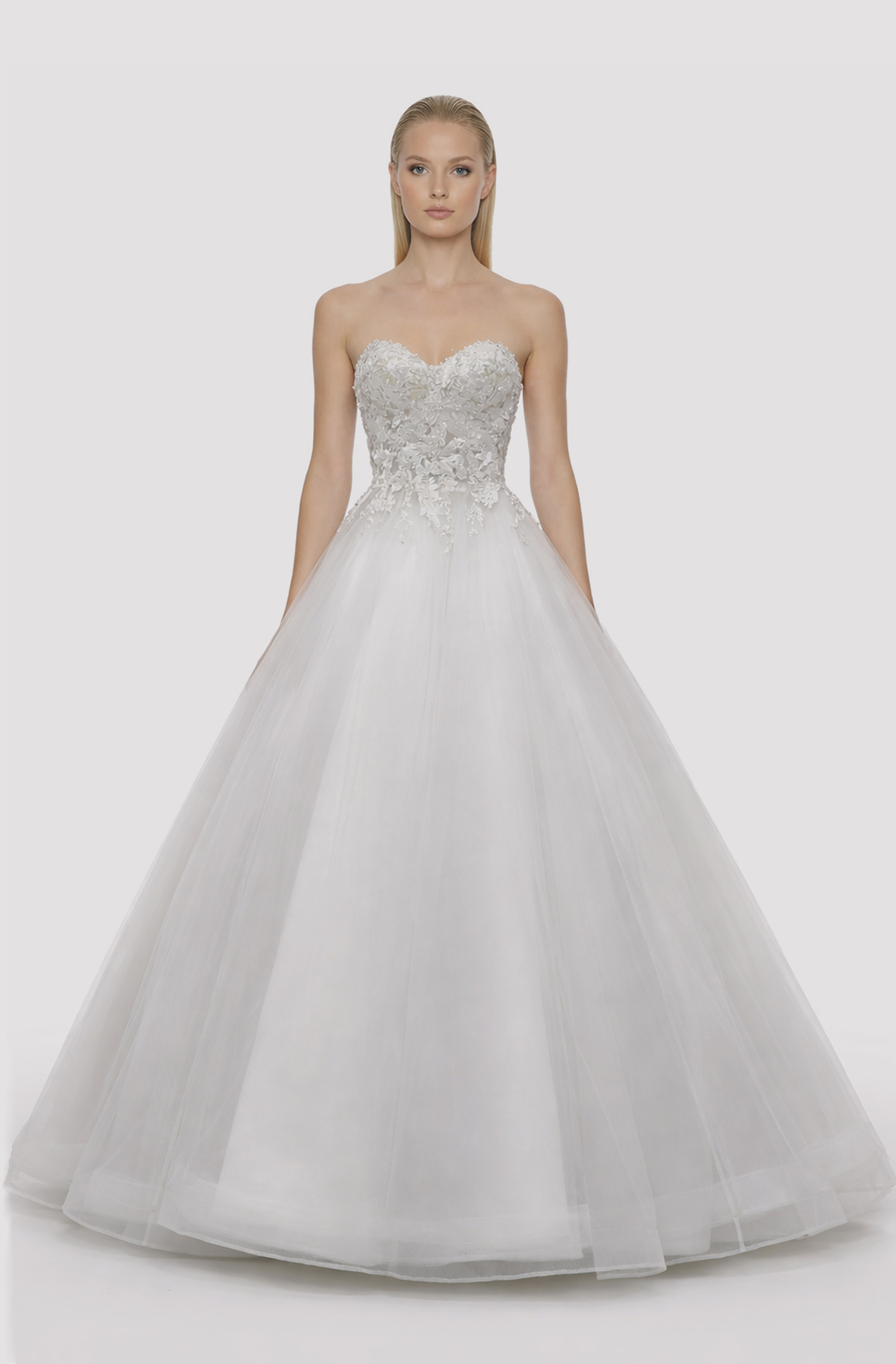 Front view of a woman in an Off-white tulle sweetheart corset with lace applique 17, image 1
