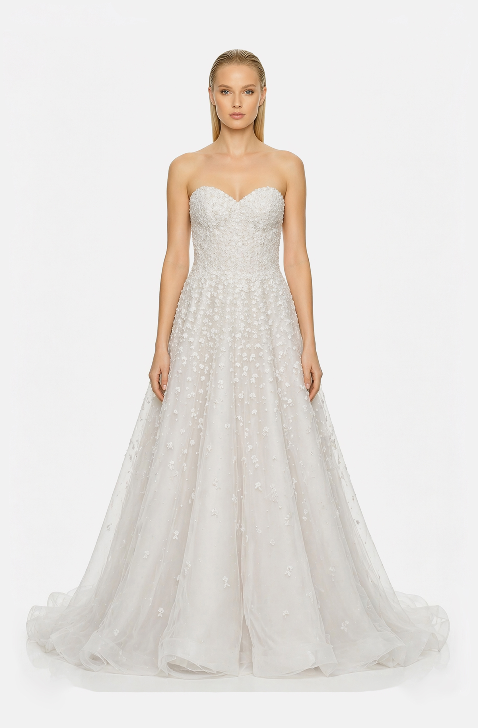Front view of a woman in an Off-white tulle sweetheart neckline ball gown with cascading floral lace and pearl embellishments 26, image 1