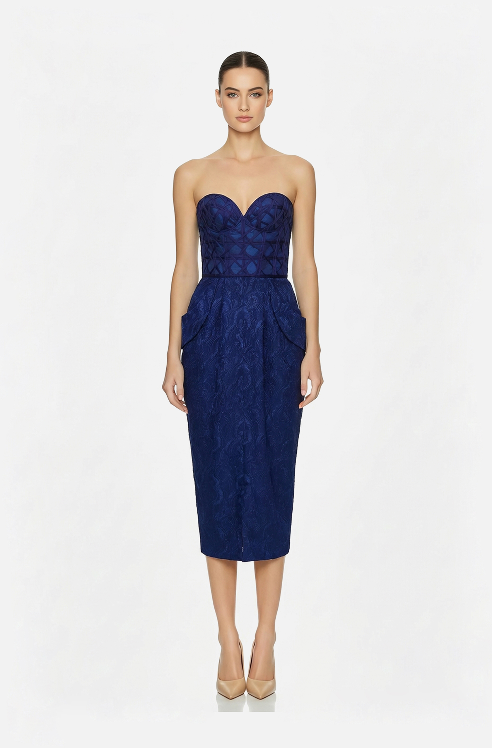 Front view of a woman in a Royal blue sheath brocade dress with Thai silk corset 24, image 1