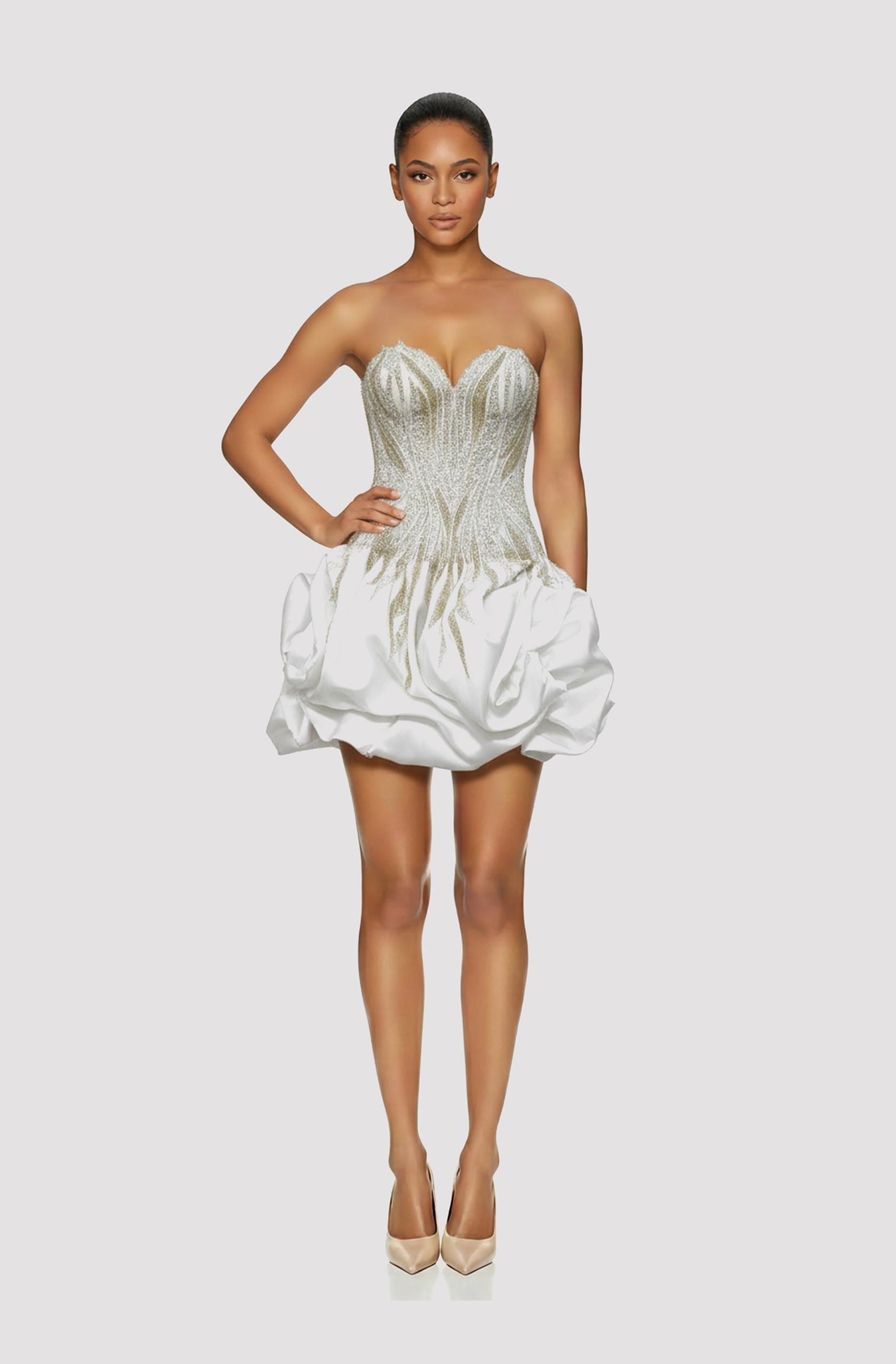 Front view of a woman in a White mikado hand-beaded corset mini 35, image 1
