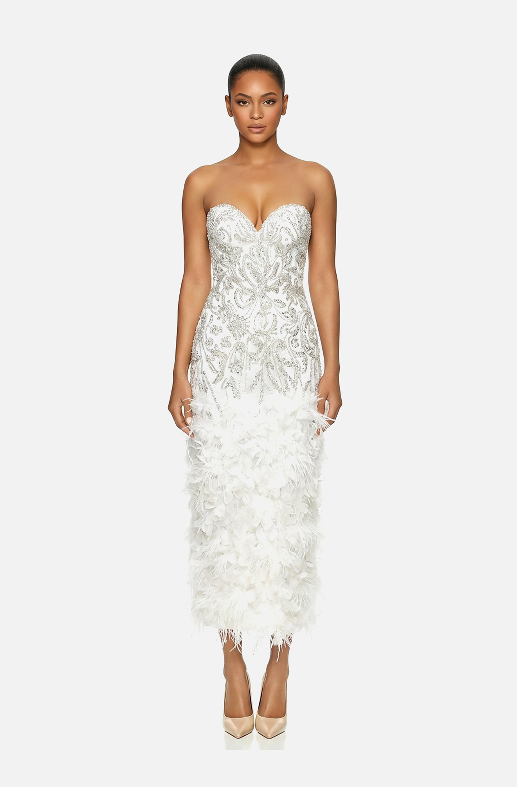 Front view of a woman in a White corseted sheath couture midi dress with beaded bodice and embellished with 3D floral appliqués and ostrich feathers on sheer skirt 36, image 1