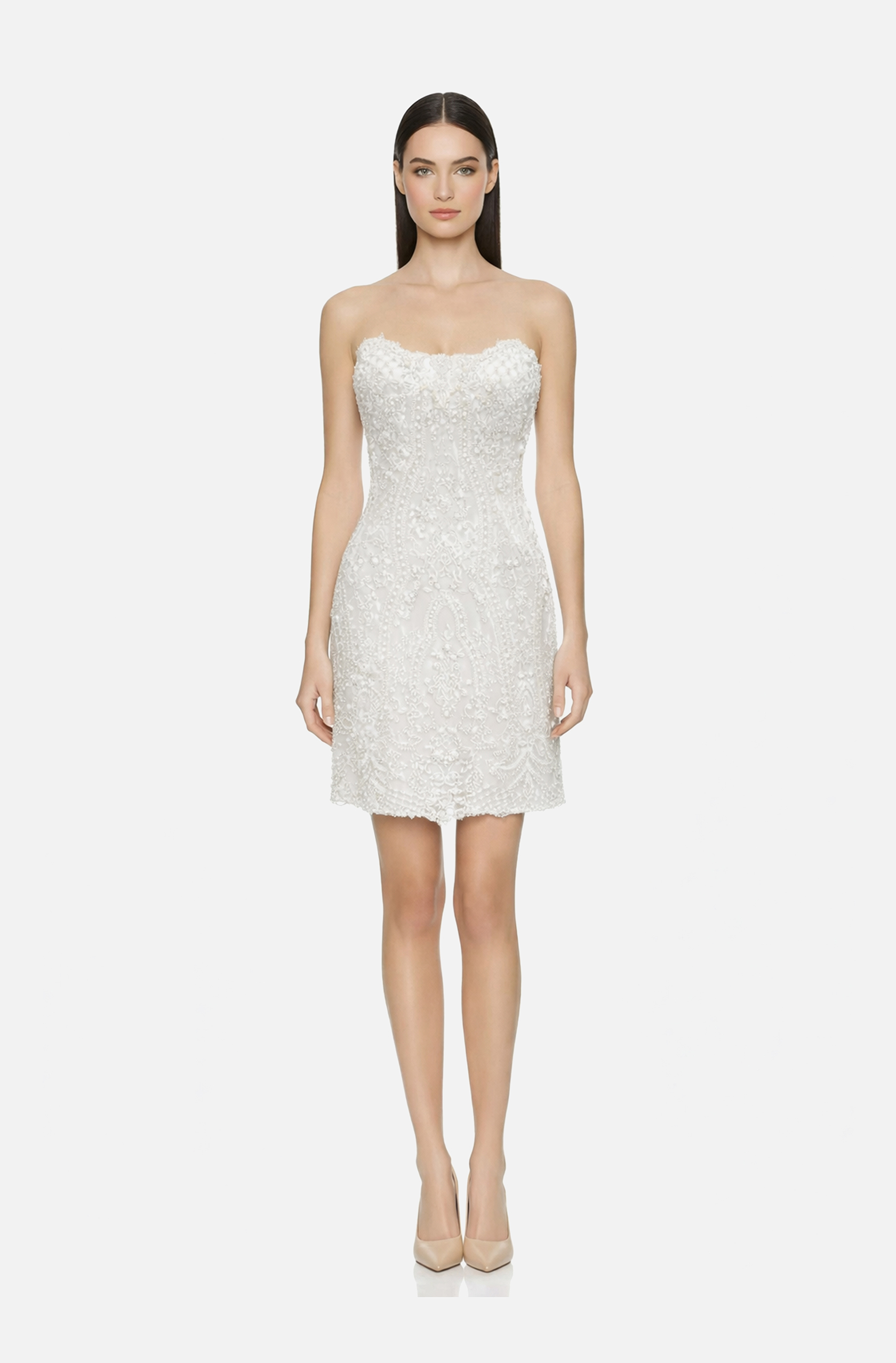 Front view of a woman in a White fully beaded mini cocktail dress with balconette neckline 38, image 1