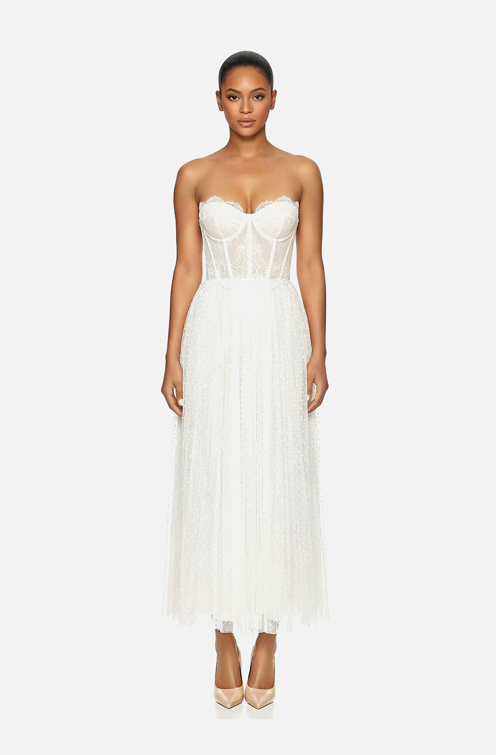 Front view of a woman in an Off-white midi dress with corseted French lace top and dotted Swiss organza electric-pleated skirt 39, image 1