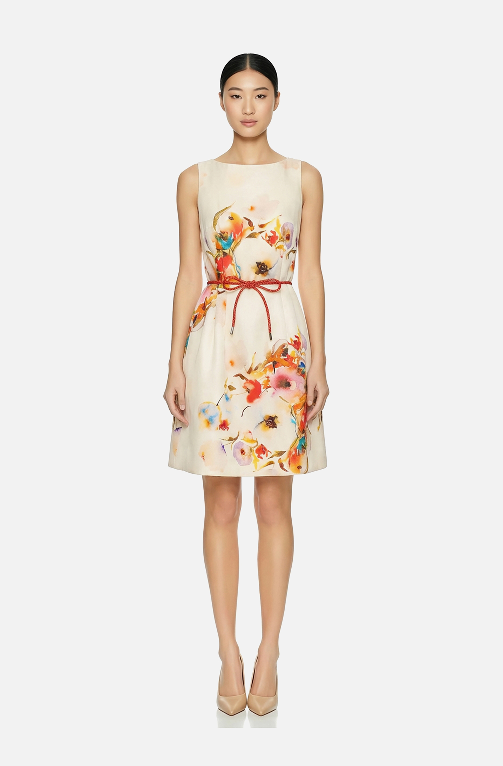 Front view of a woman in a Ivory floral cocktail dress with Sabrina neckline 47, image 1