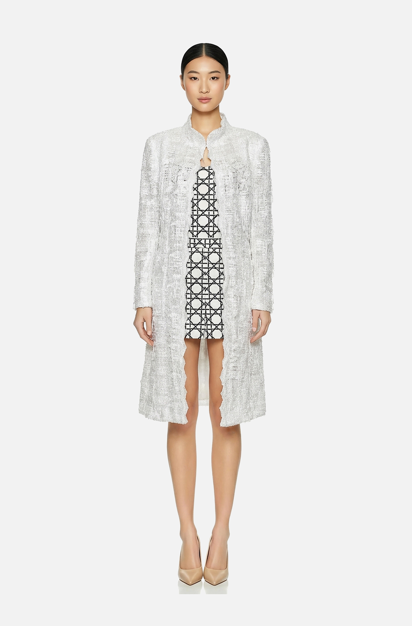 Front view of a woman in an Off-white beaded tweed coat with Nehru collar 56, image 1