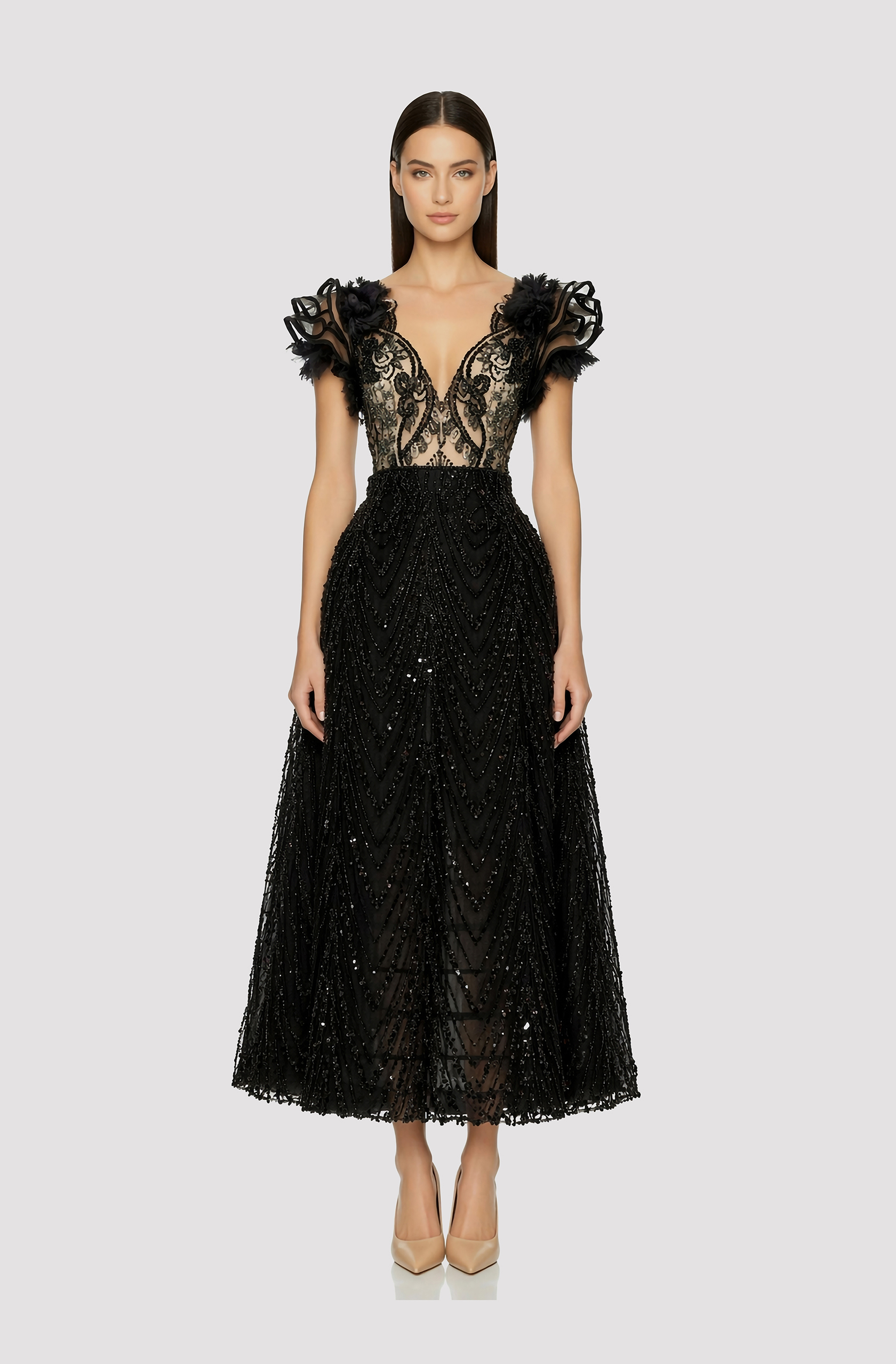 Front view of a woman in a Black couture fully hand-beaded bodice with ruffled sleeves and structured skirt 66, image 1