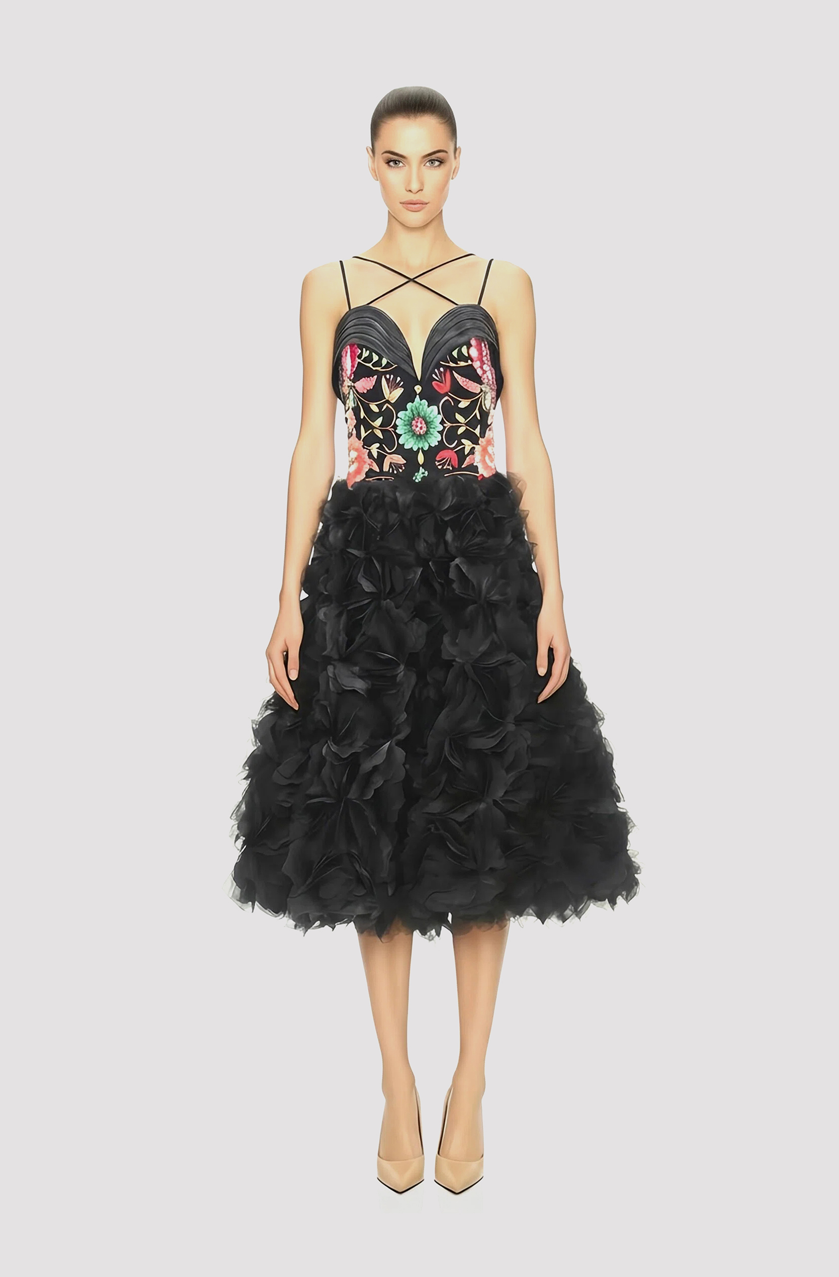 Front view of a woman in a Black corseted organza midi couture ball dress with hand-embroidered bodice and 3D floral appliqués, with detachable spaghetti straps 68, image 1
