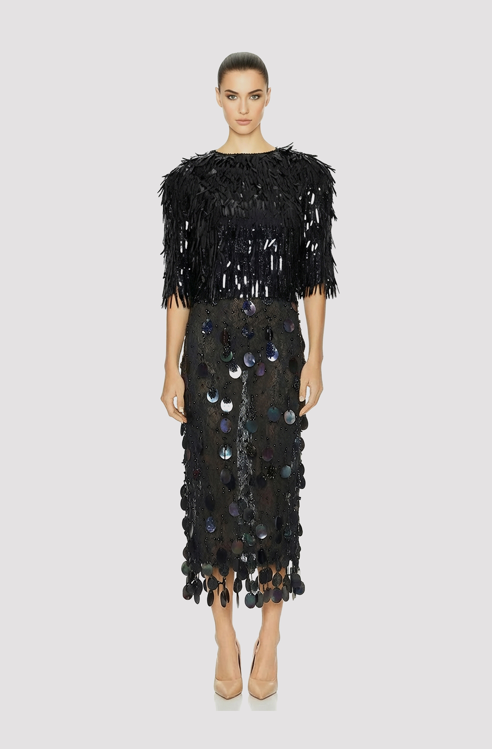 Front view of a woman in a Two-piece black ensemble of beaded midi sheath dress with corseted French lace top and detachable 3/4-sleeve sequined overblouse 72, image 1