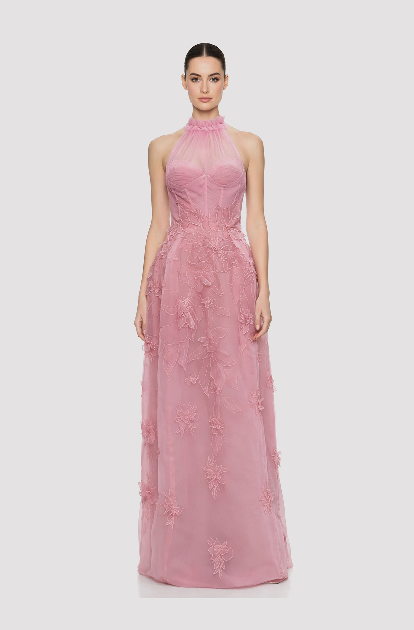Front view of a woman in a Pink tulle & organza halter top dress with structured skirt and hand-embroidered 3D flowers 14, image 1