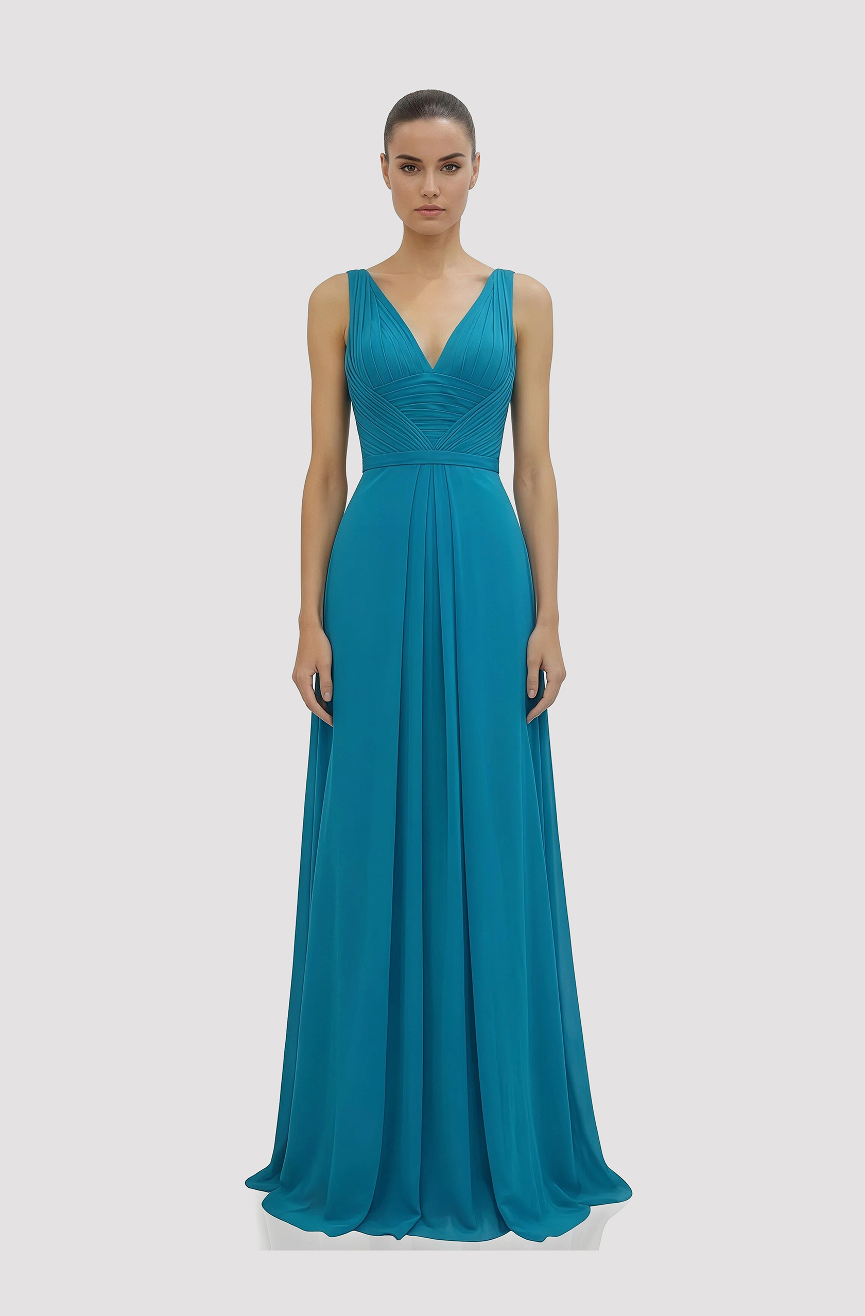 Front view of a woman in a Hand-draped turquoise silk chiffon gown with deep v-neck and twisted shoulder straps 33, image 1