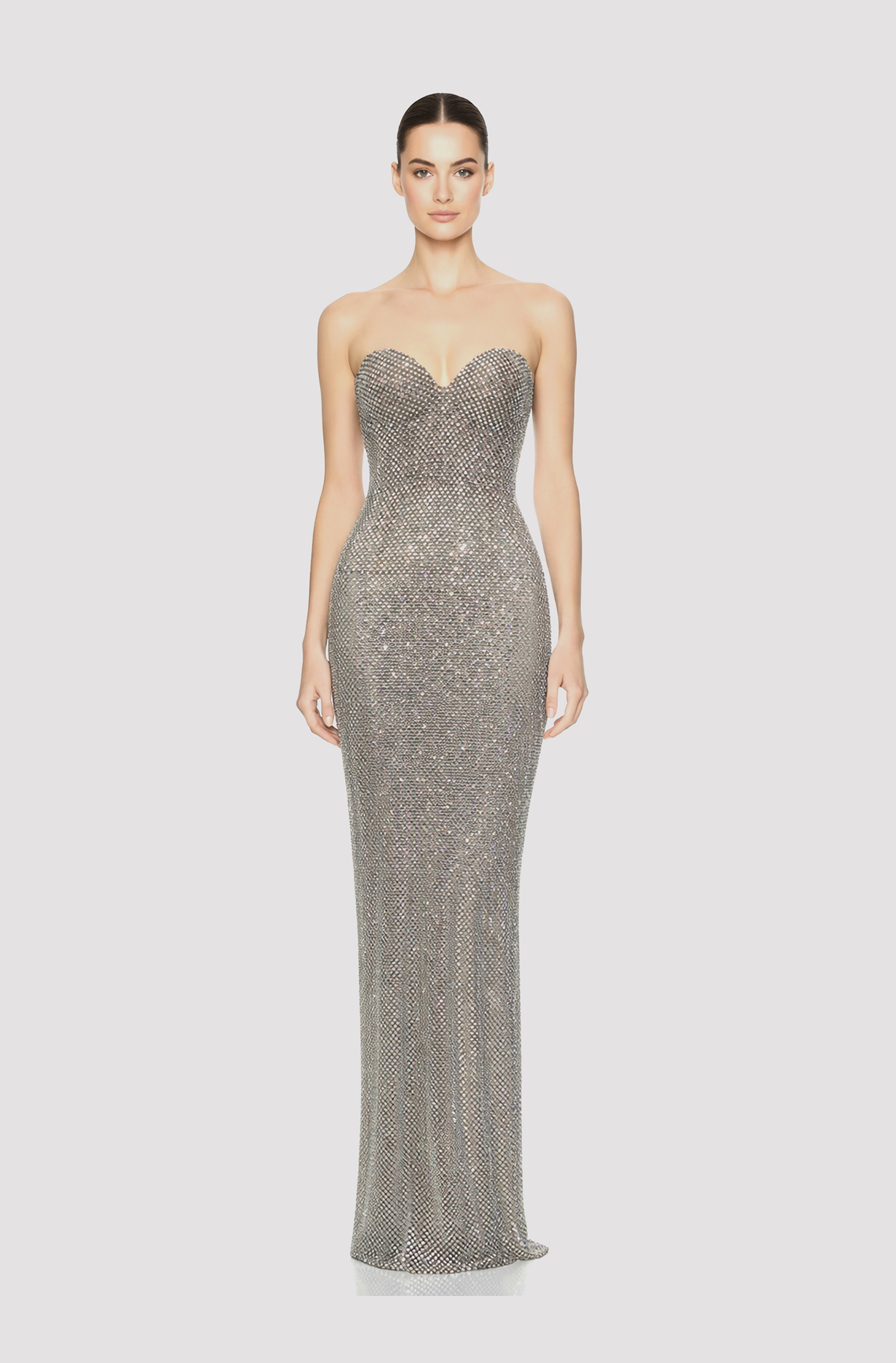 Front view of a woman in a Silver rhinestone couture column gown 35, image 1