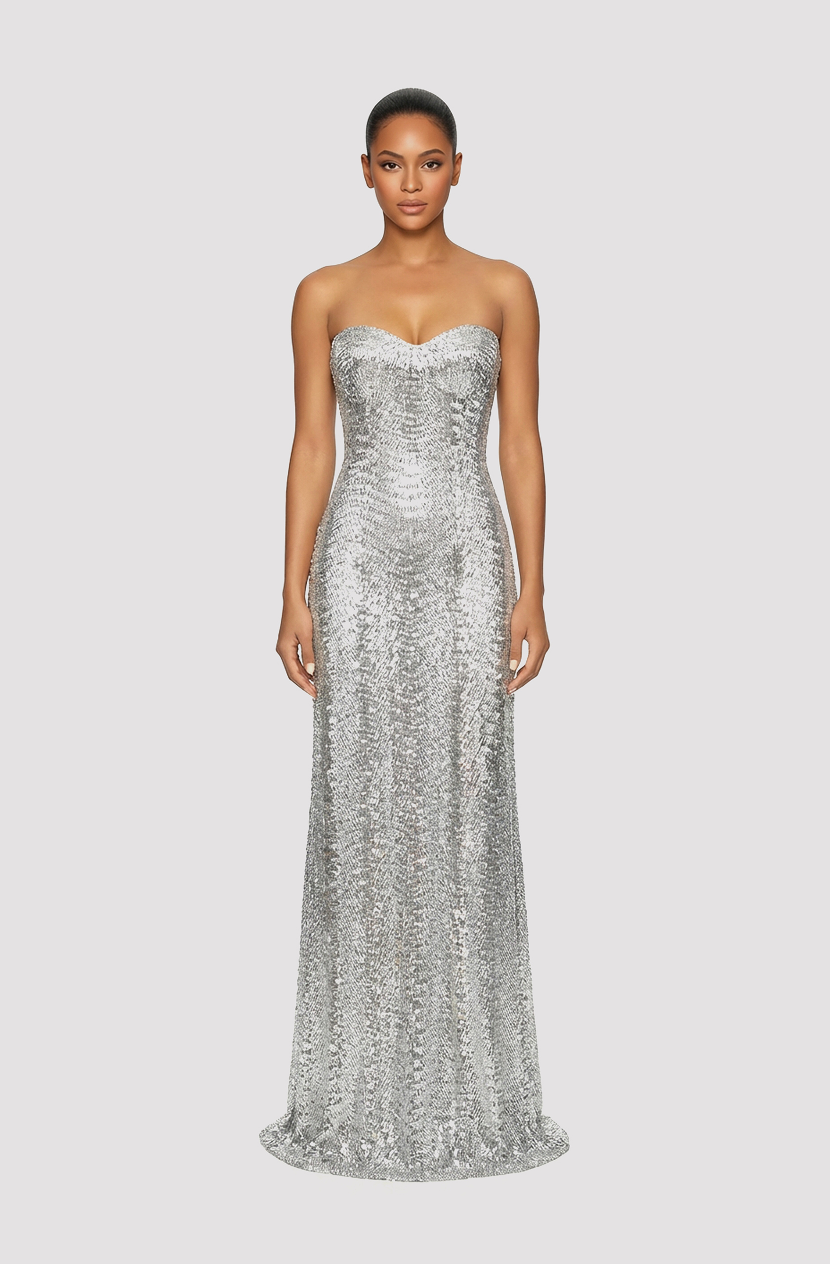 Front view of a woman in a Metallic silver chevron-patterned bugle-beaded corseted column gown 36, image 1