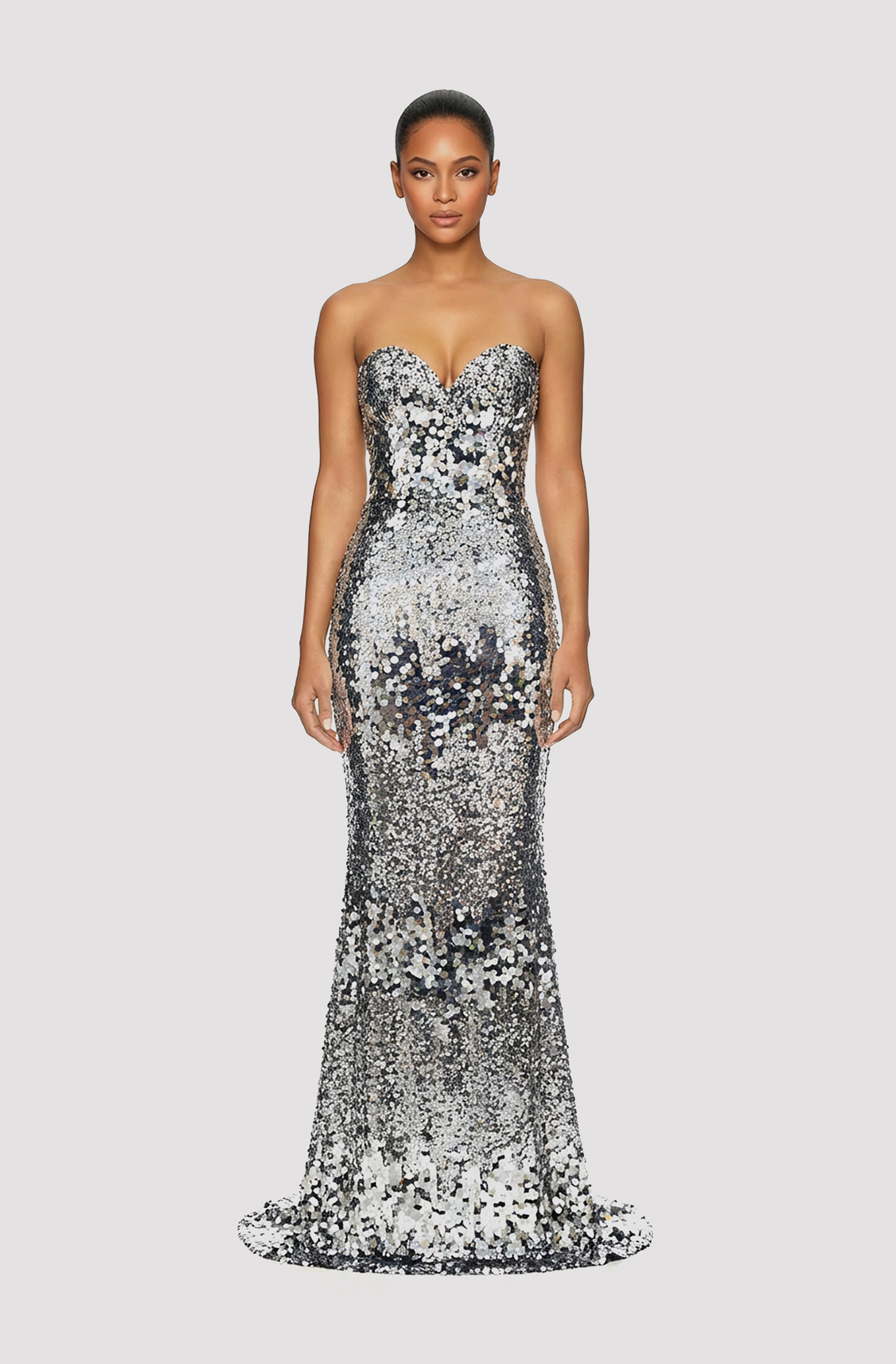 Front view of a woman in a Metallic silver sequined corseted mermaid gown 37, image 1