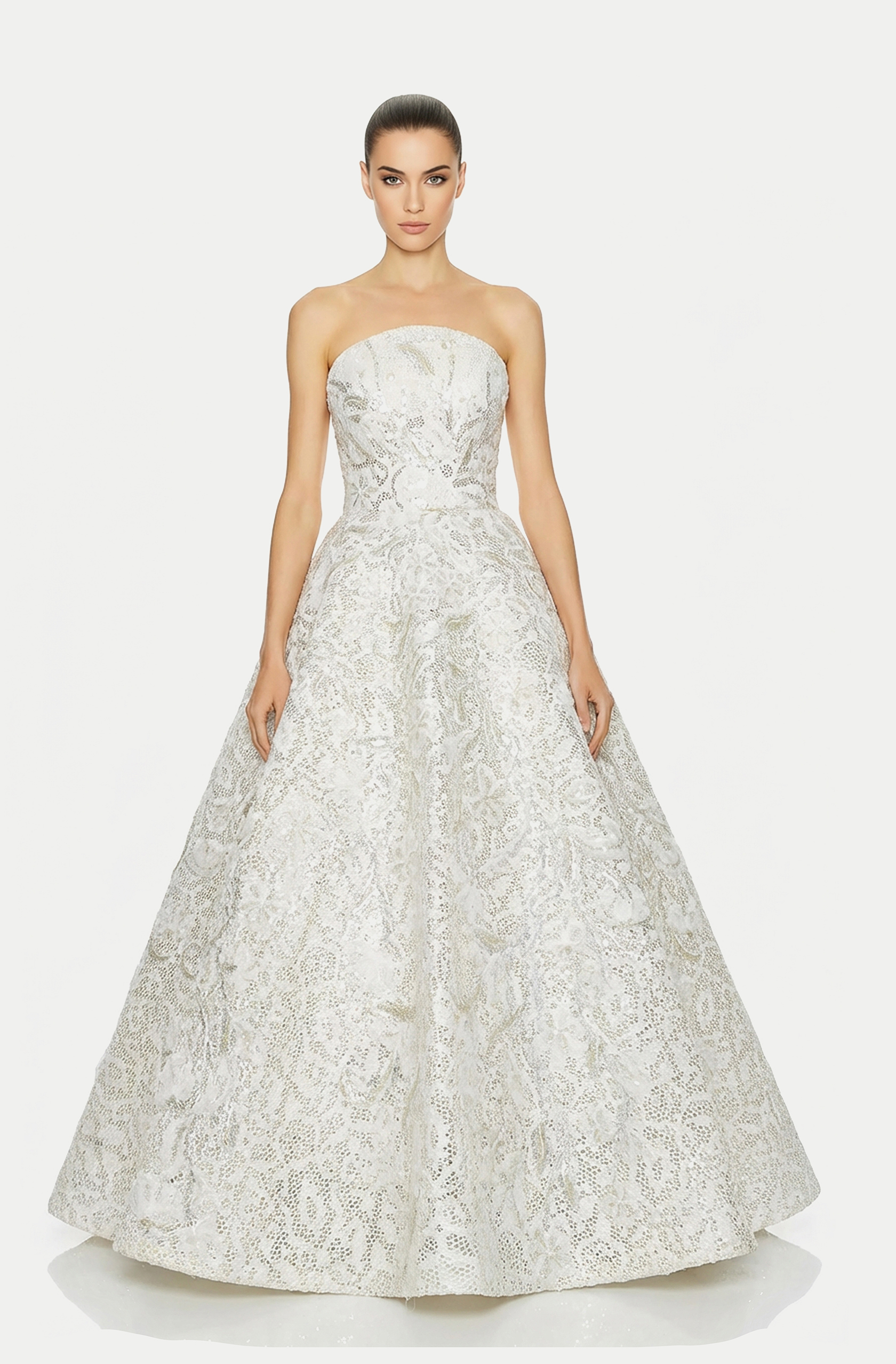 Front view of a woman in an Off-white tulle mesh ball gown with hand-beaded floral appliqués 40, image 1