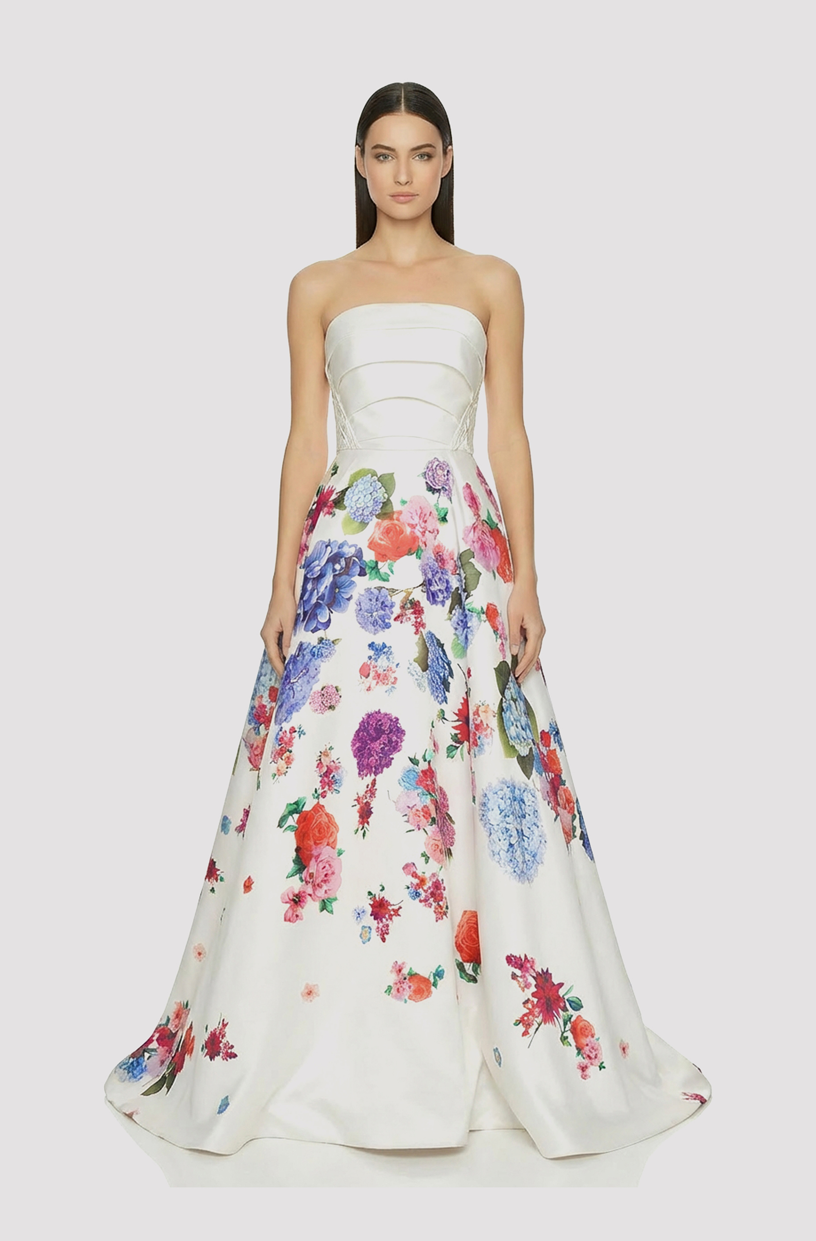 Front view of a woman in a White draped bodice mikado custom print ball gown 44, image 1