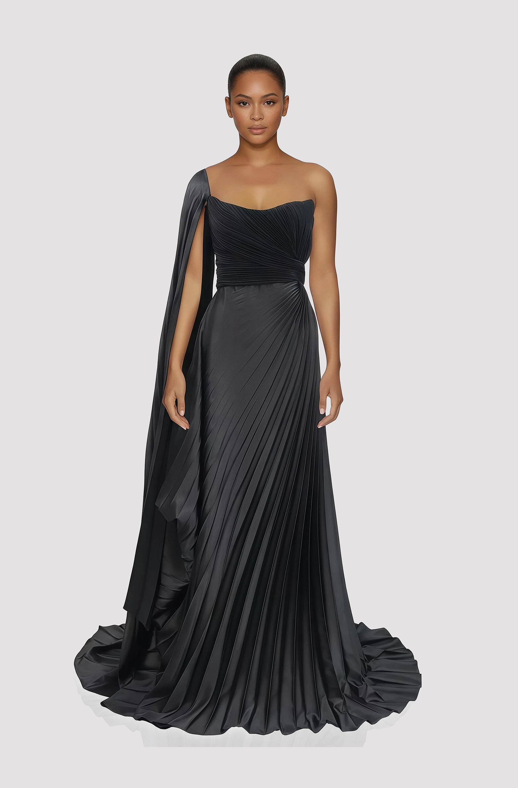 Front view of a woman in a Black satin gown with balconette neckline draped corset and electric-pleated skirt and matching one-shoulder sleeved cape 56, image 1