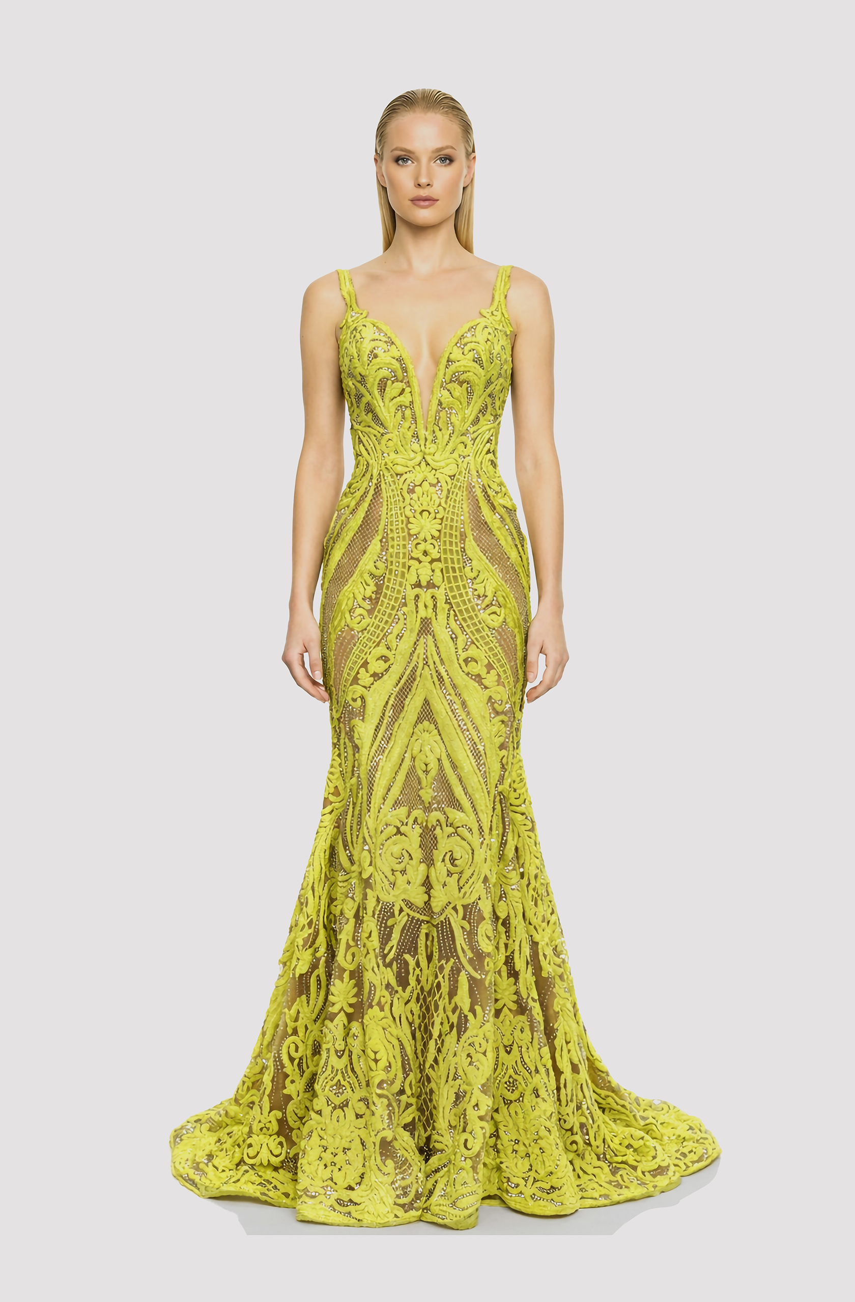 Front view of a woman in a Yellow sleeveless, deep neck pattern sequined beaded mermaid gown with Swarovski crystals 7, image 1
